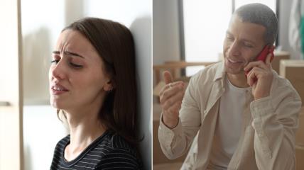 Žena plače, muškarac razgovara na telefon