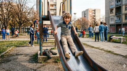 Dete se spušta na starom toboganu u parku