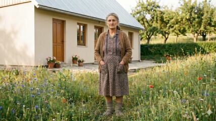 Umorna baka stoji ispred kuće