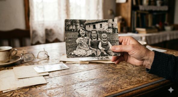 Žena drži staru fotografiju sa decom